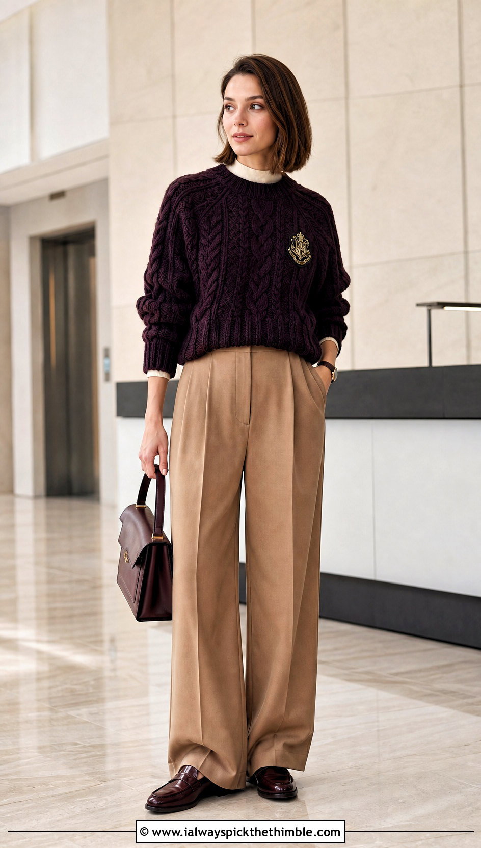 Hogwarts Crest Cable Crochet Sweater With Pleated Pants - 20 Harry Potter Crochet Sweater outfit ideas