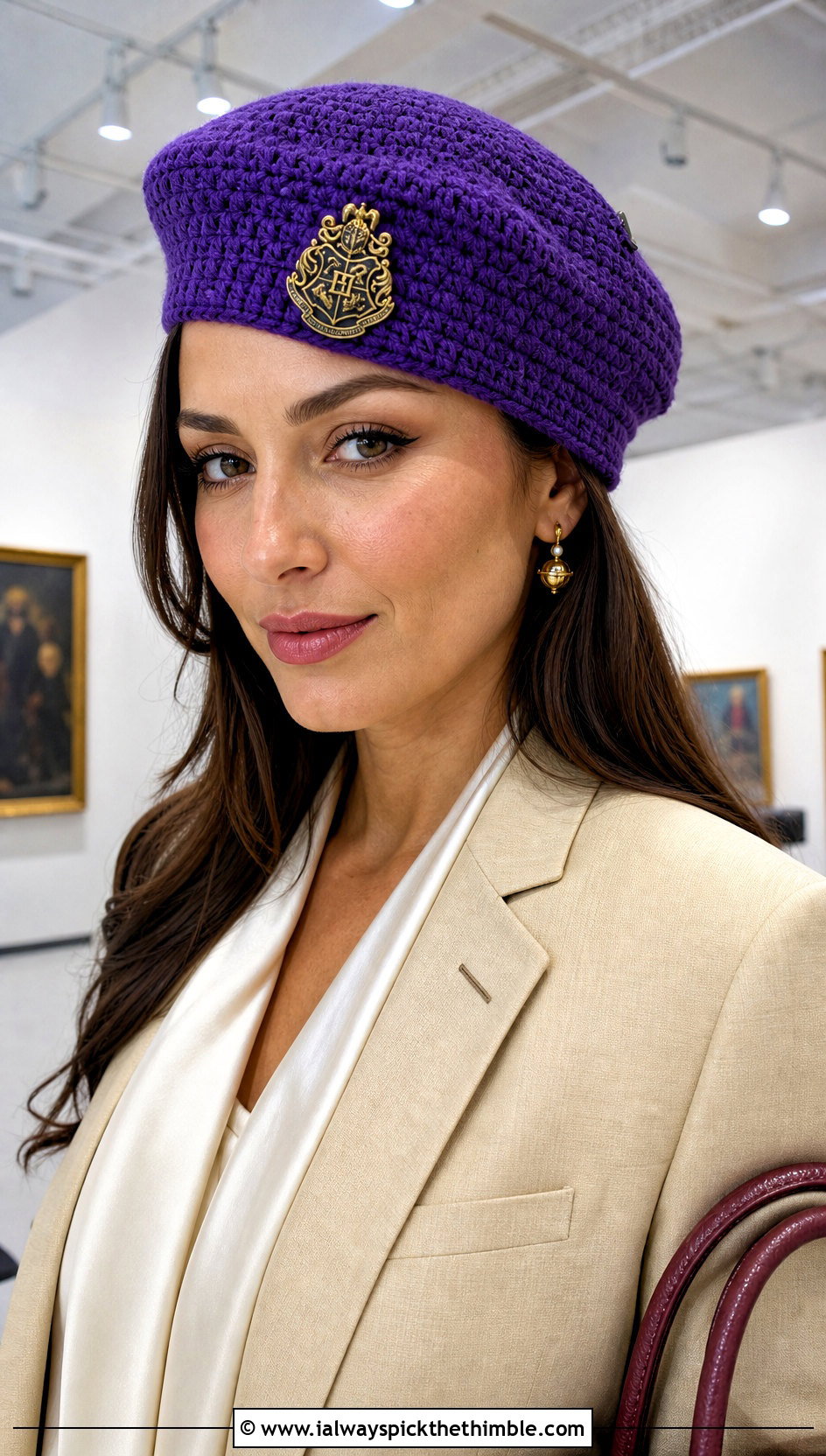 Hogwarts Crest Crochet Beret With Tailored Suit - 15 harry potter crochet hat outfit ideas