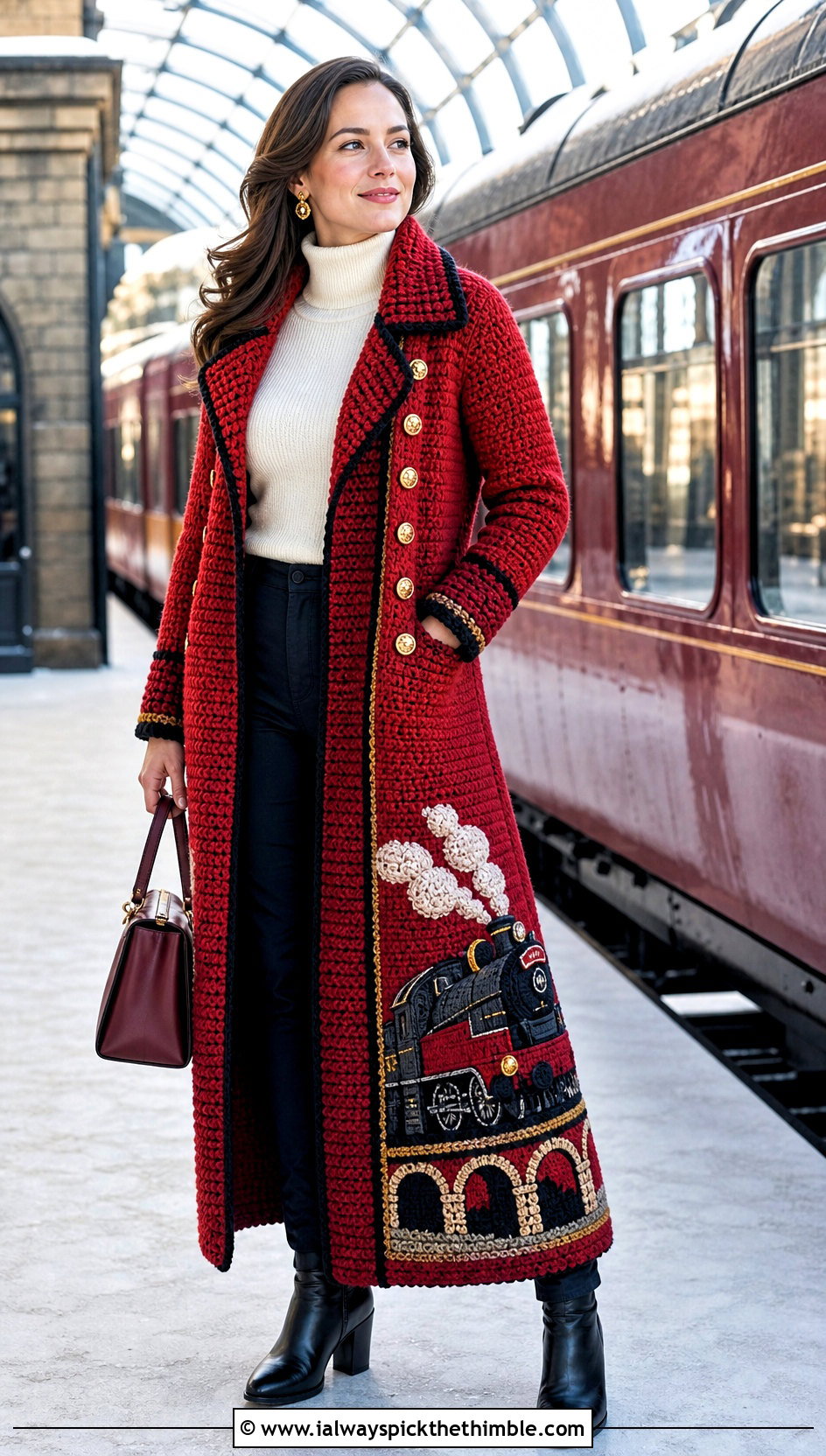 Hogwarts Express Crochet Coat With Tailored Jeans - 20 harry potter crochet clothes and outfit ideas
