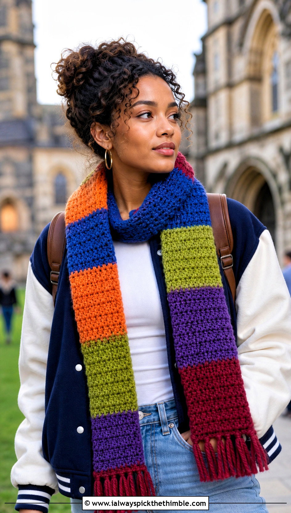Hogwarts Legacy Banded Crochet Scarf With Varsity Jacket - 20 crochet hogwarts scarf outfit ideas