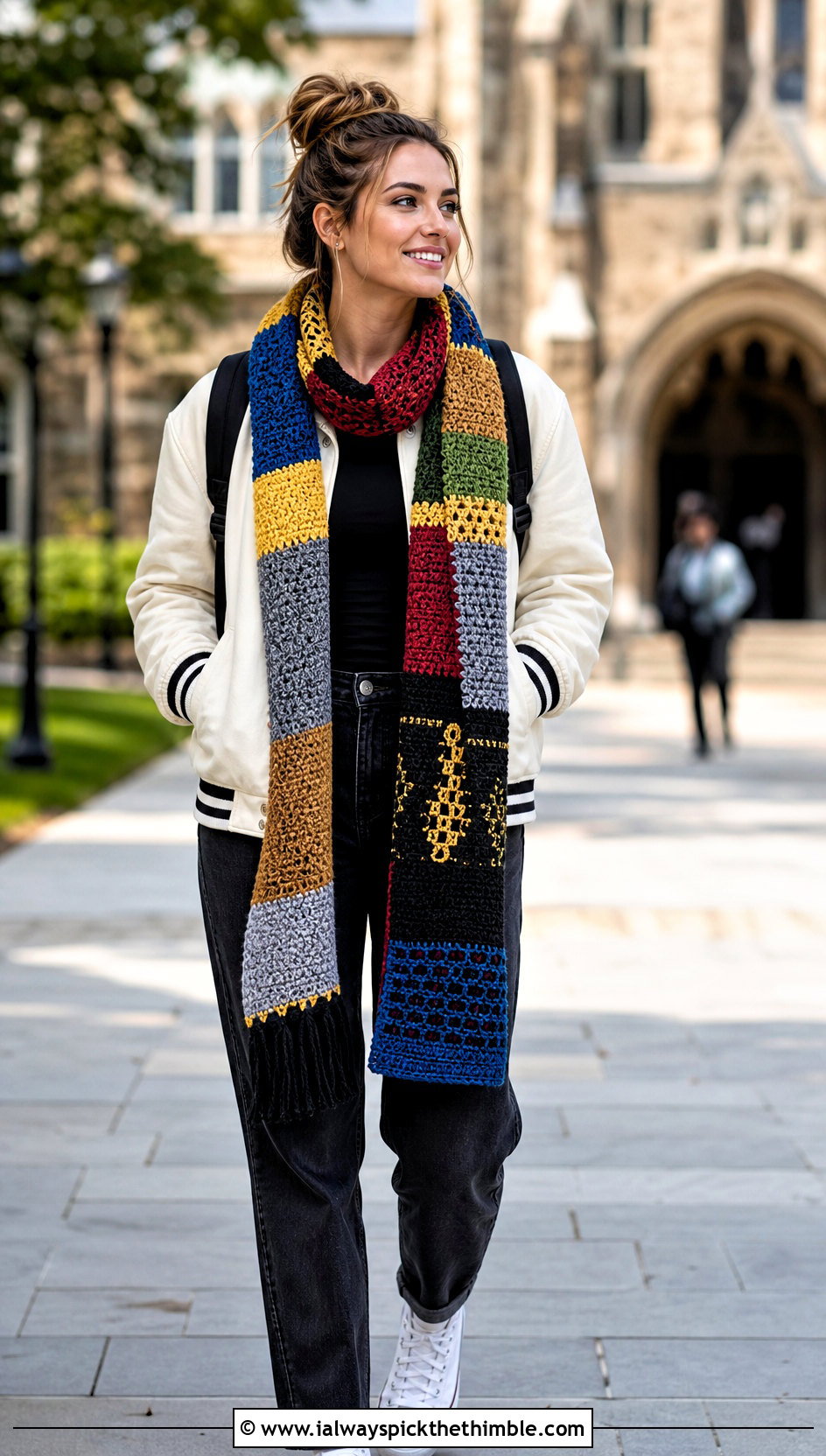 Hogwarts Patchwork Crochet Harry Potter Scarf With Varsity Jacket - 25 crochet harry potter scarf outfit ideas