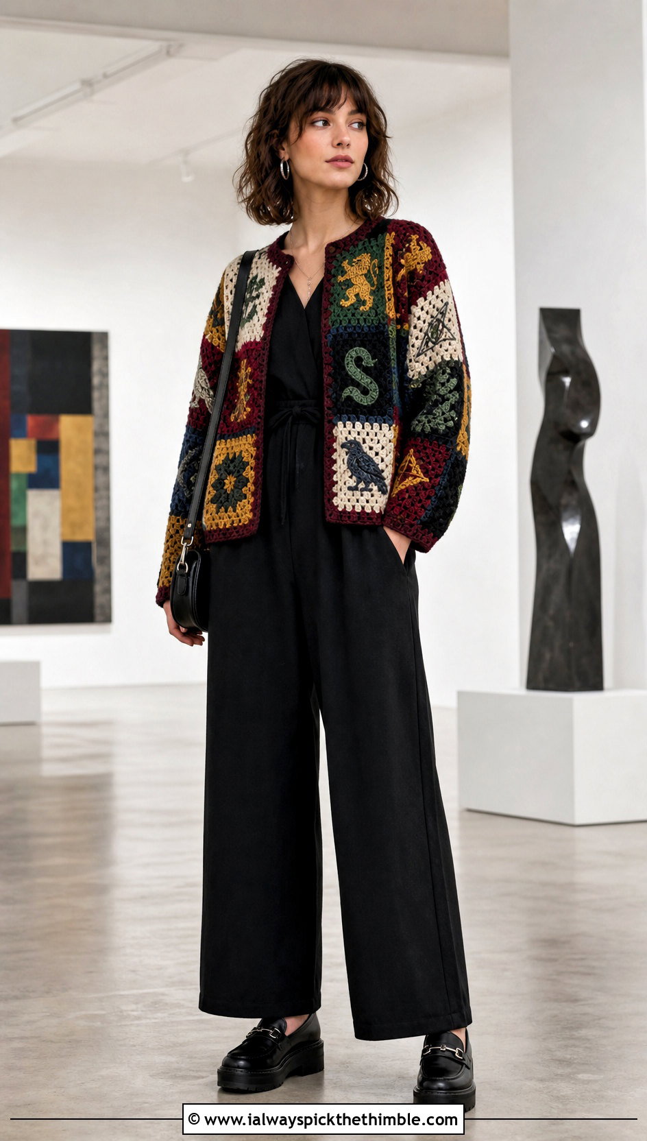 Hogwarts Patchwork Crochet Harry Potter Sweater With Black Jumpsuit - 25 crochet harry potter sweater outfit ideas