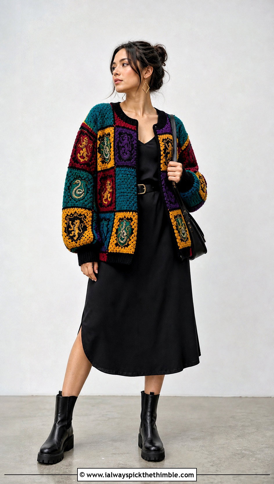 Hogwarts Patchwork Crochet Jacket With Black Dress - 20 harry potter crochet clothes and outfit ideas