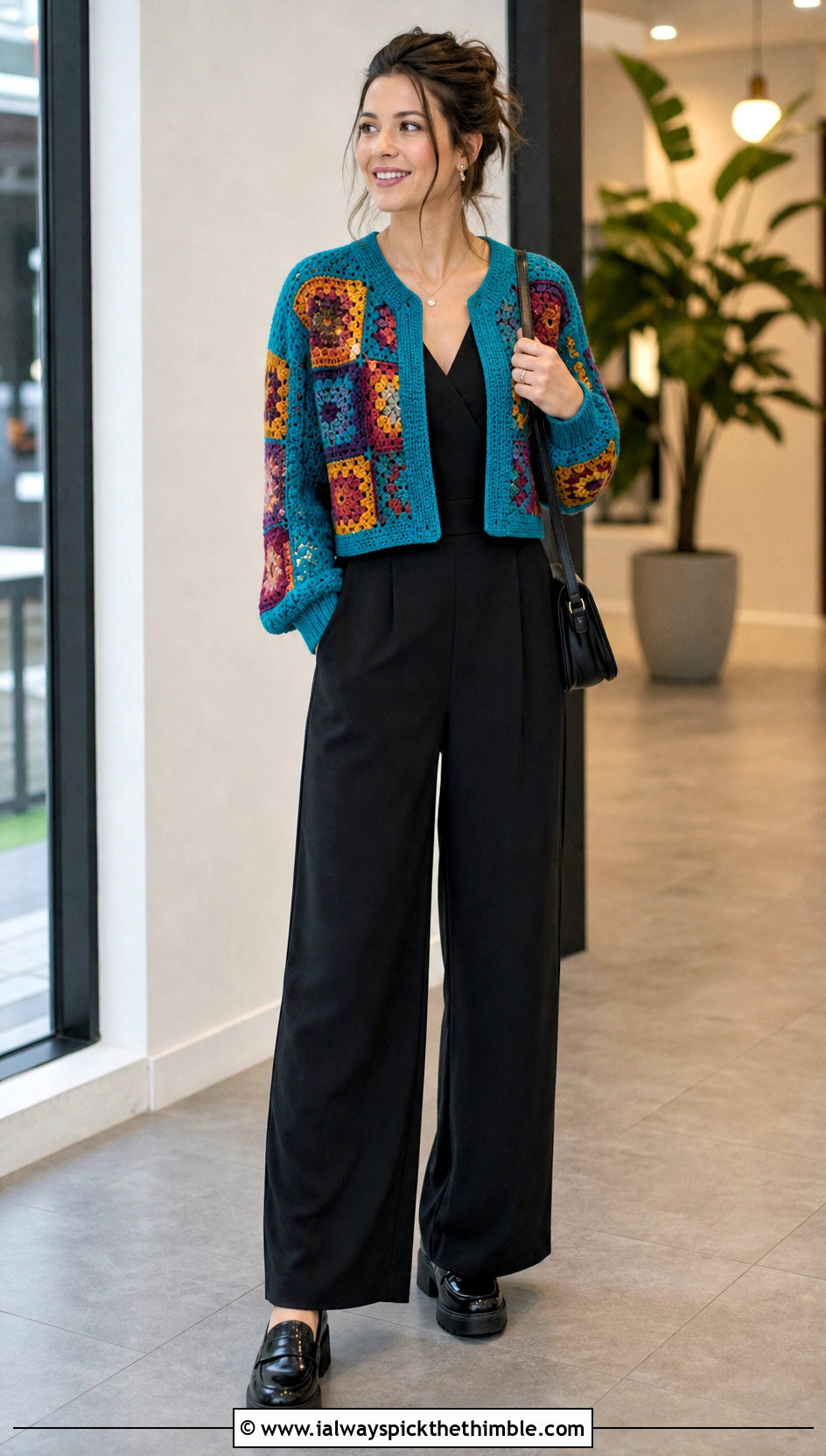 Hogwarts Patchwork Crochet Sweater With Black Jumpsuit - 20 Harry Potter Crochet Sweater outfit ideas