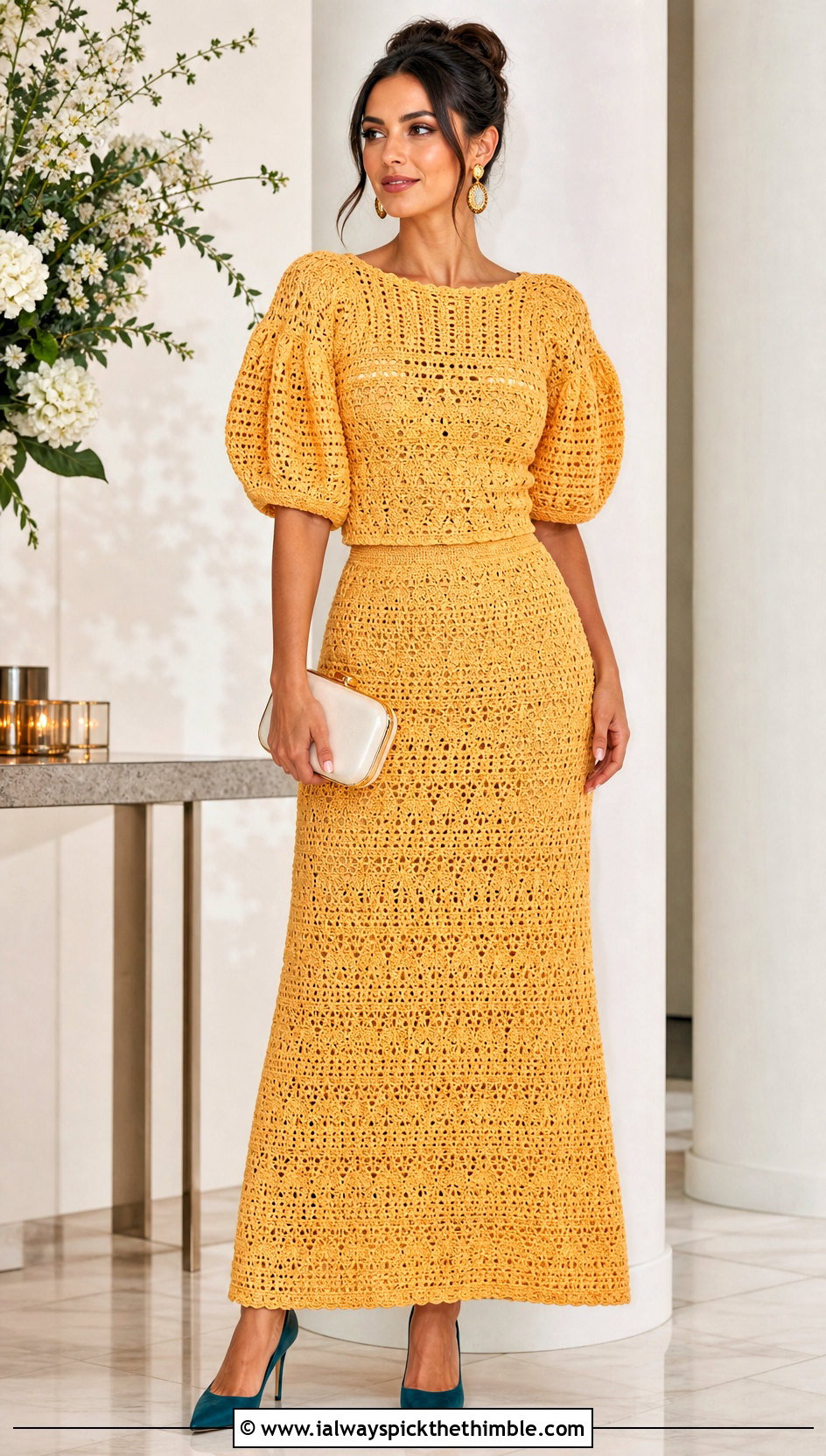 Honey Yellow Balloon Sleeve Crochet Top And Satin Lined Maxi Skirt Set With Pumps - 15 yellow crochet top and skirt set outfit ideas