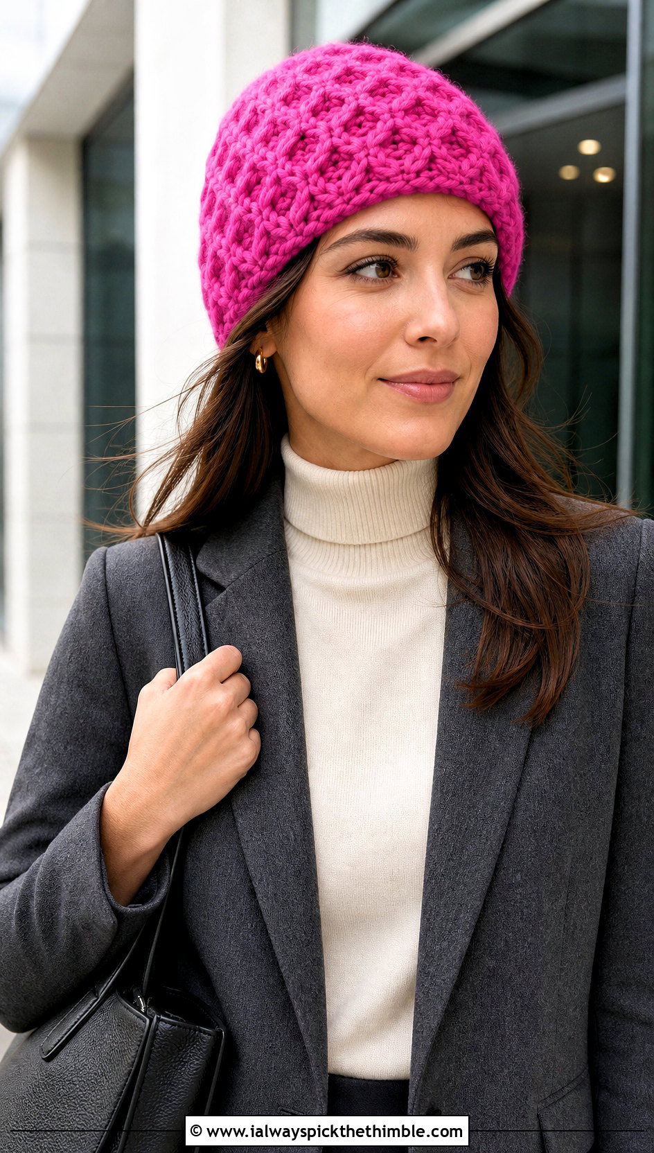 Honeycomb Cable Crochet Beanie With Tailored Pantsuit - 15 cabled crochet beanie design outfit ideas