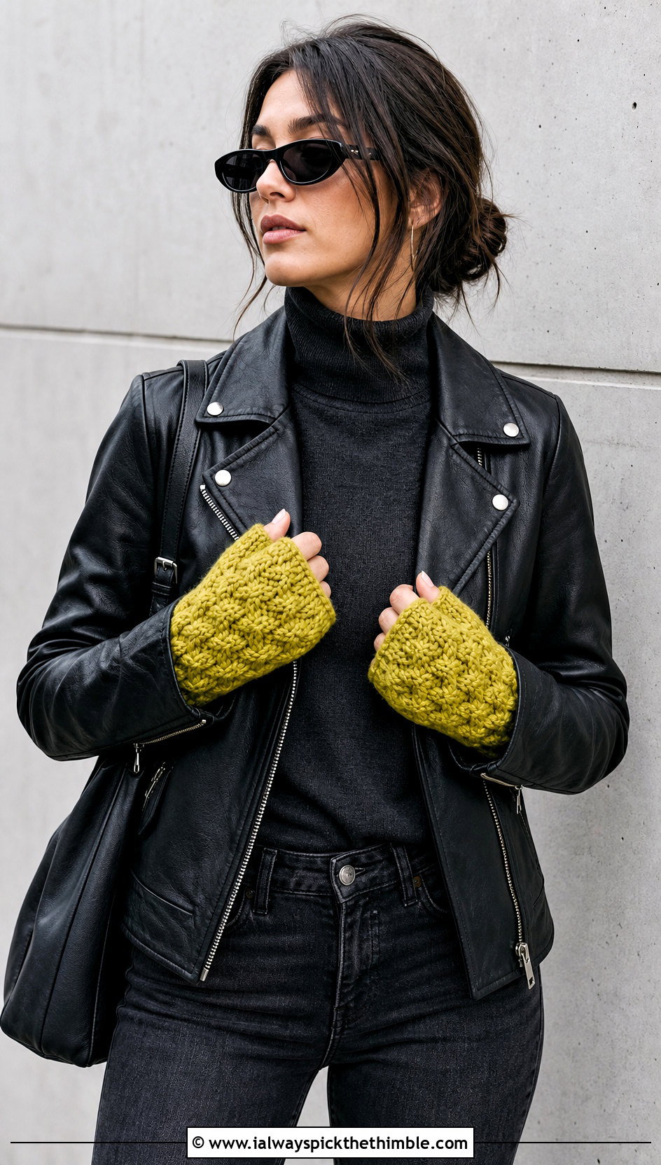 Honeycomb Cable Crochet Mitts With Leather Jacket - 25 crochet hand warmer outfit ideas