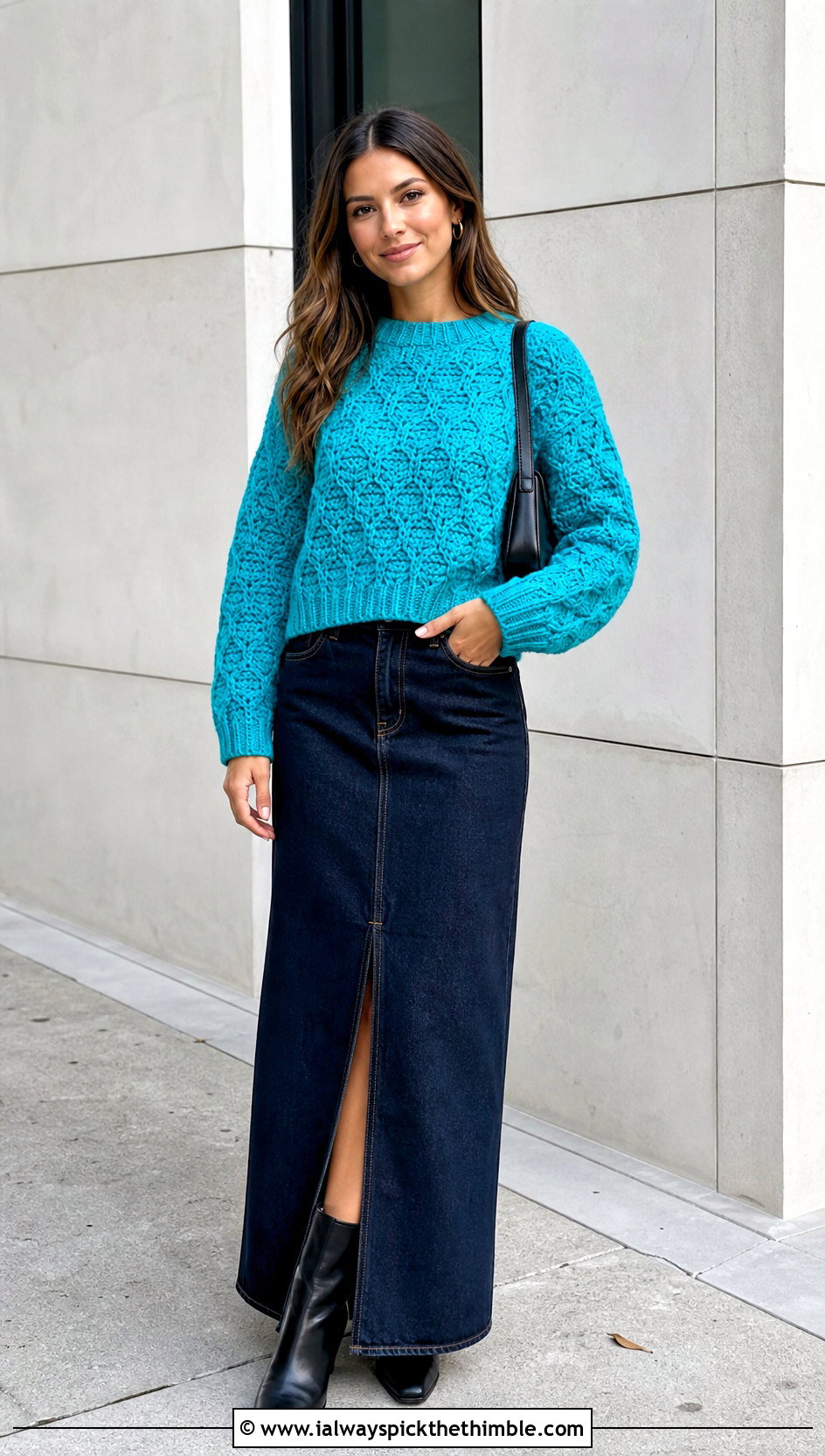 Honeycomb Cable Crochet Sweater With Denim Maxi Skirt - 25 cable crochet sweater outfit ideas