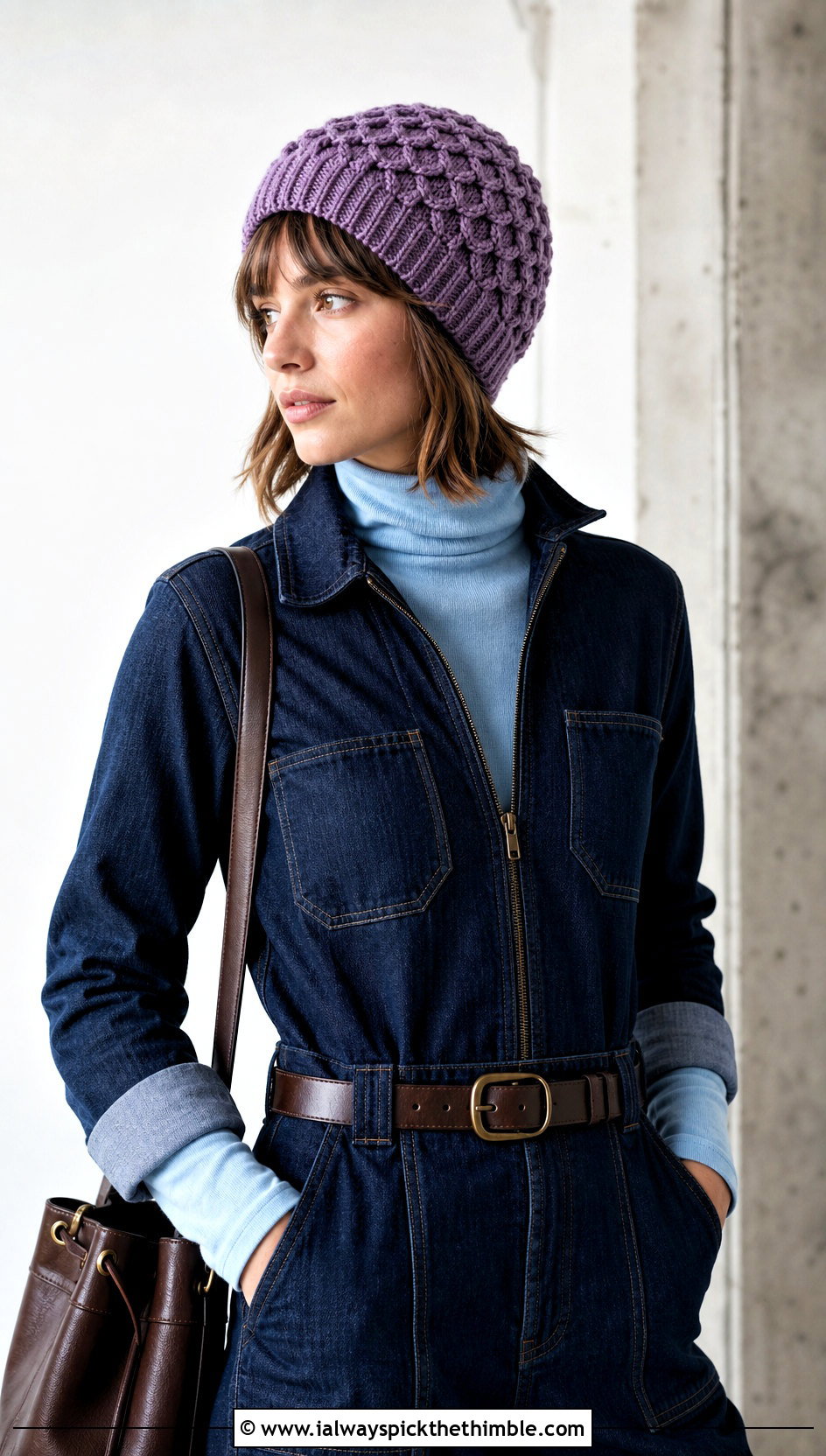 Honeycomb Cable Stitch Beanie With Denim Jumpsuit - 20 Crochet Cable Stitch Beanie outfit ideas