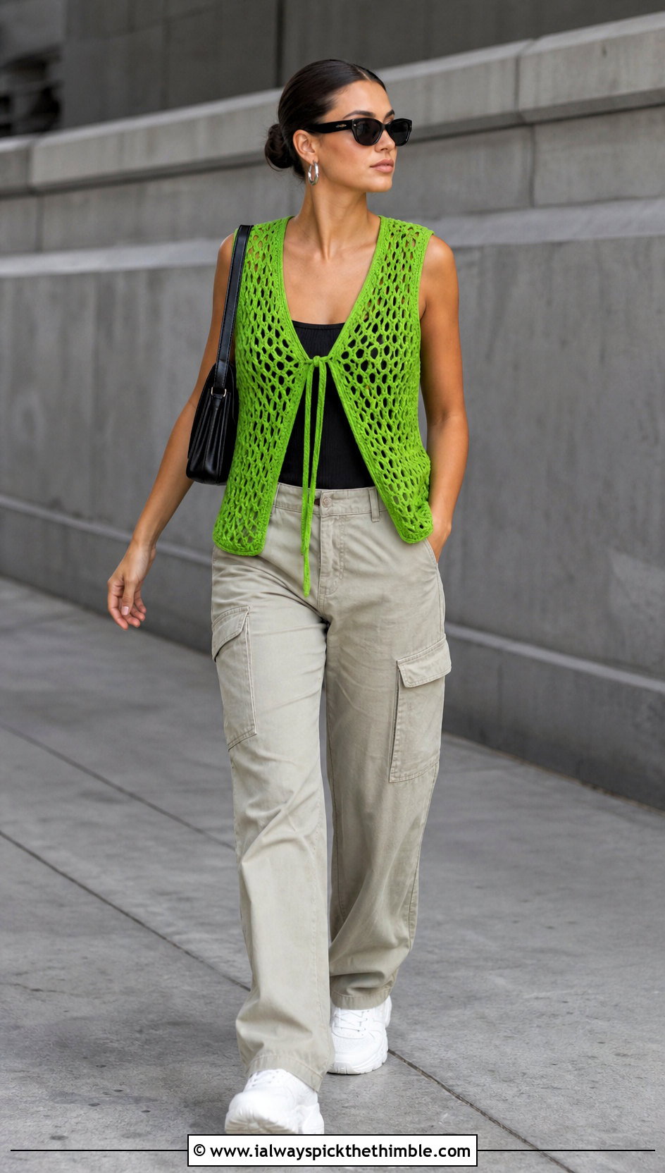 Honeycomb Crochet Mesh Vest With Cargo Pants - 25 crochet mesh vest outfit ideas