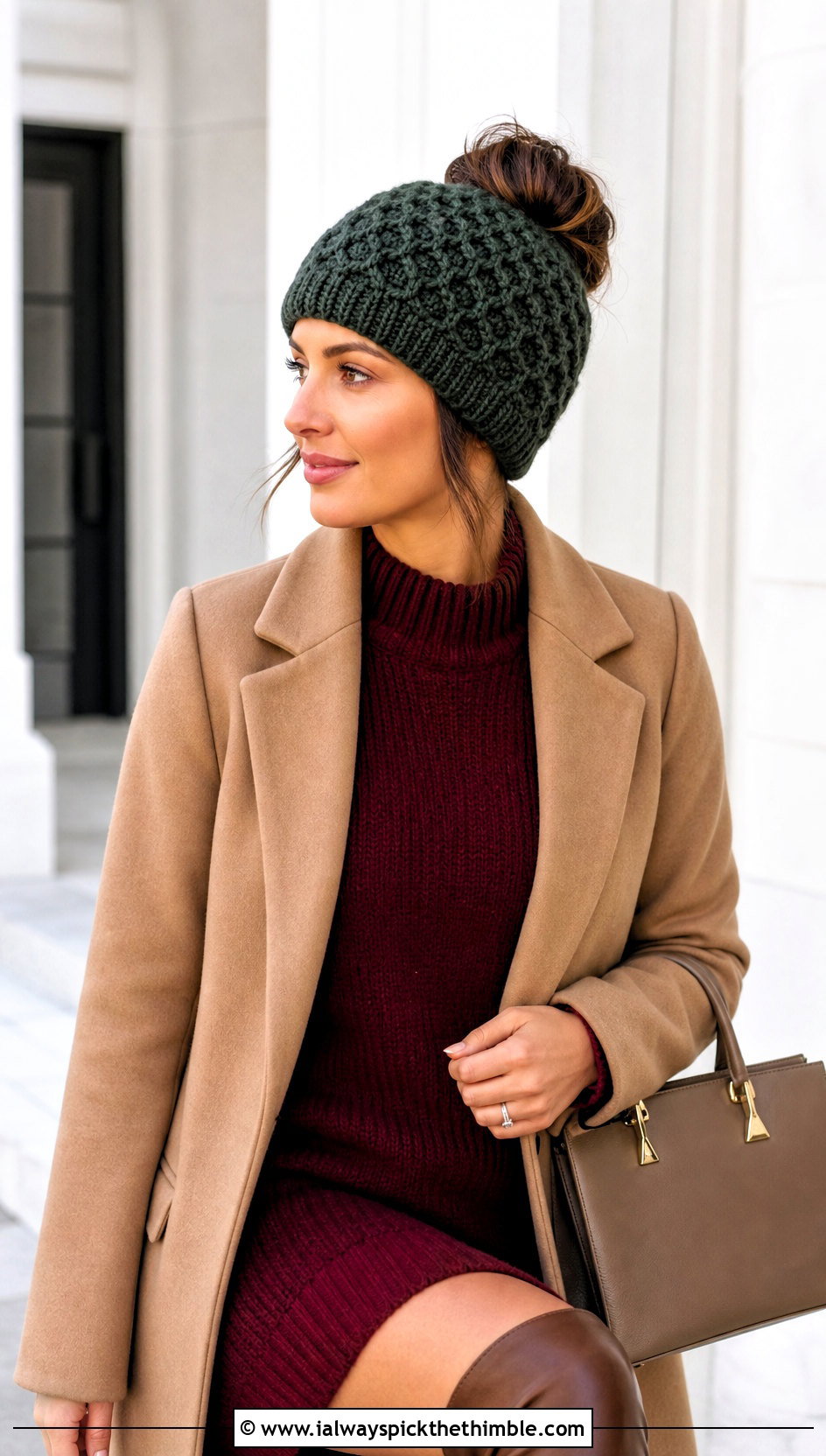 Honeycomb Crochet Messy Bun Hat With Elastic And Sweater Dress - 20 Crochet Messy Bun Hat With Elastic outfit ideas