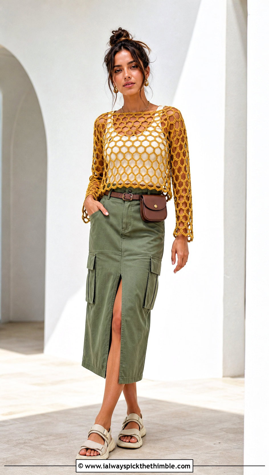 Honeycomb Fishnet Crochet Top With Utility Midi Skirt - 20 Fishnet Crochet Top outfit ideas