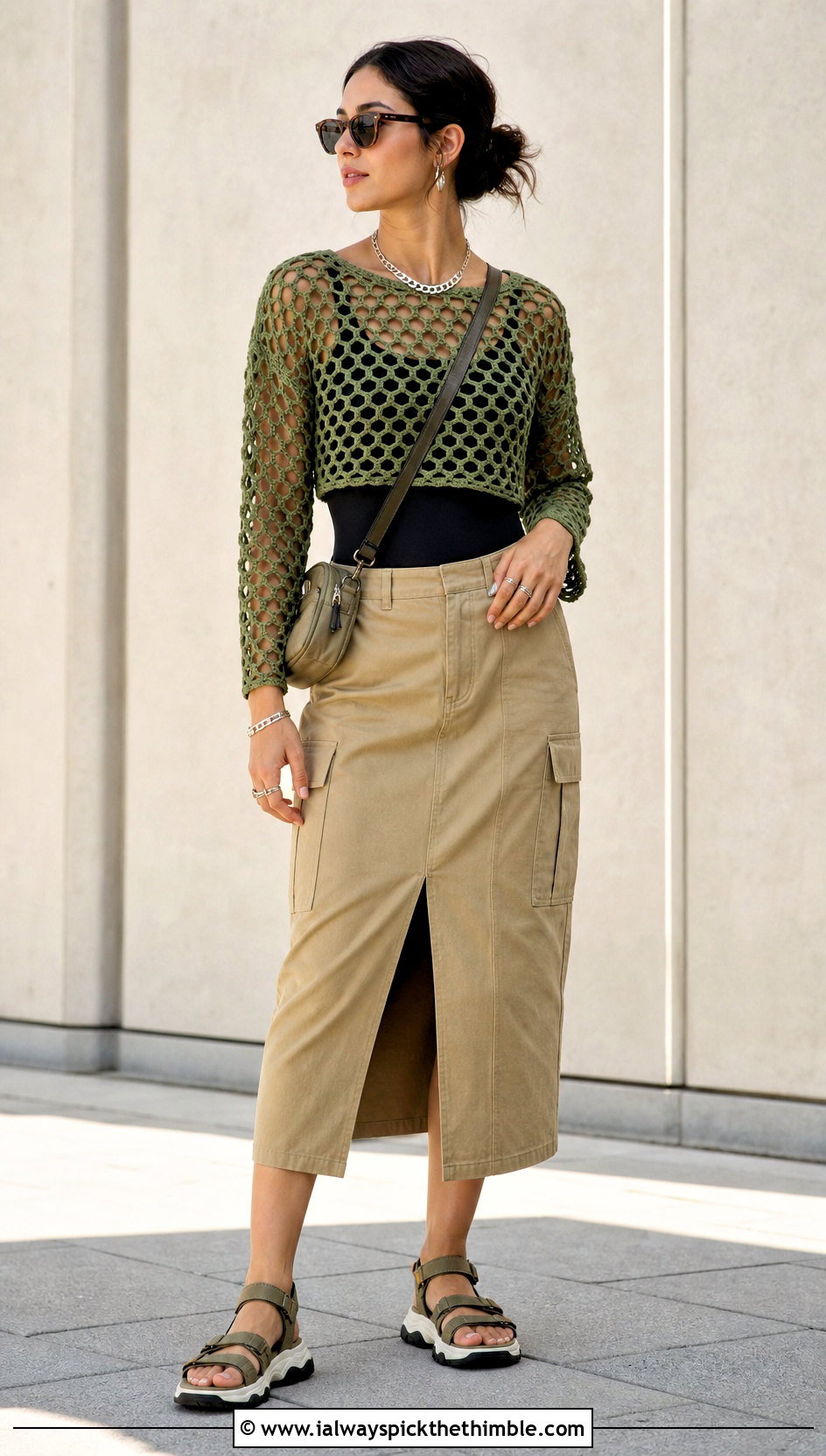 Honeycomb Mesh Crochet Shirt With Utility Skirt - 25 crochet shirt for women outfit ideas