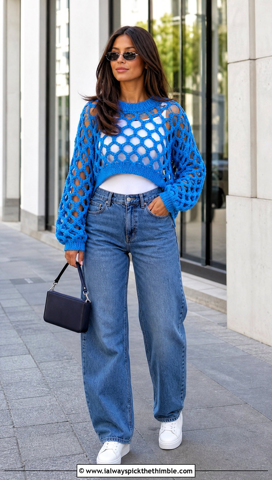 Honeycomb Mesh Crochet Sweater With Barrel Jeans - 25 crochet mesh sweater outfit ideas