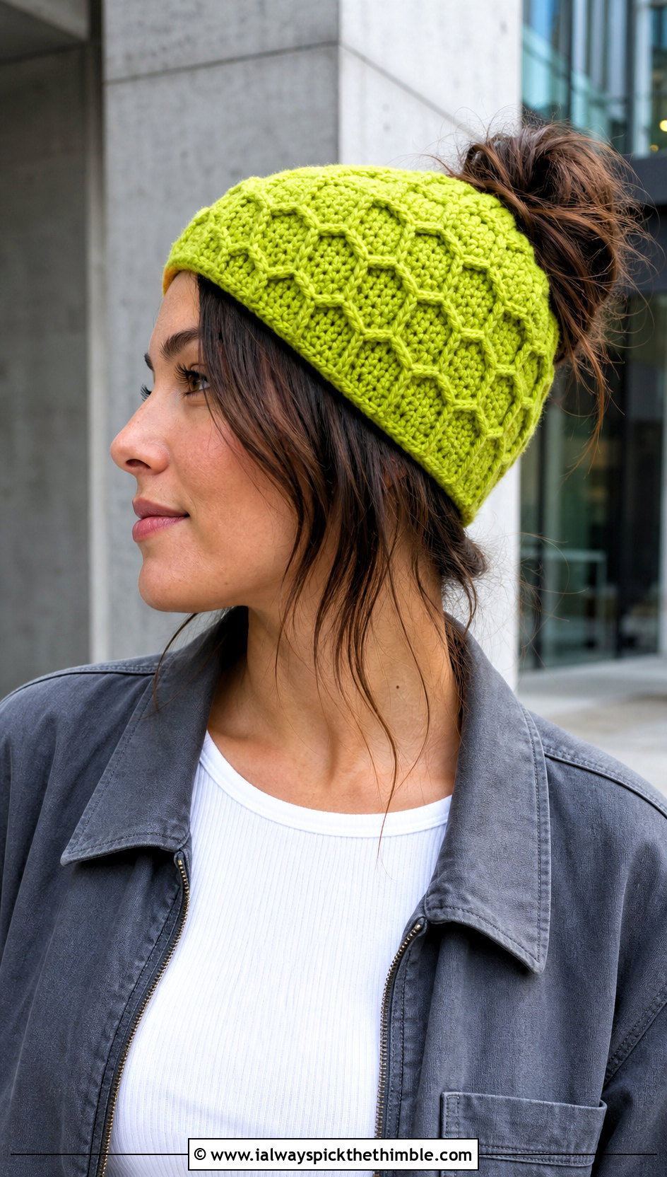 Honeycomb Messy Bun Crochet Hat With Cargo Pants - 20 Messy Bun Crochet Hat outfit ideas