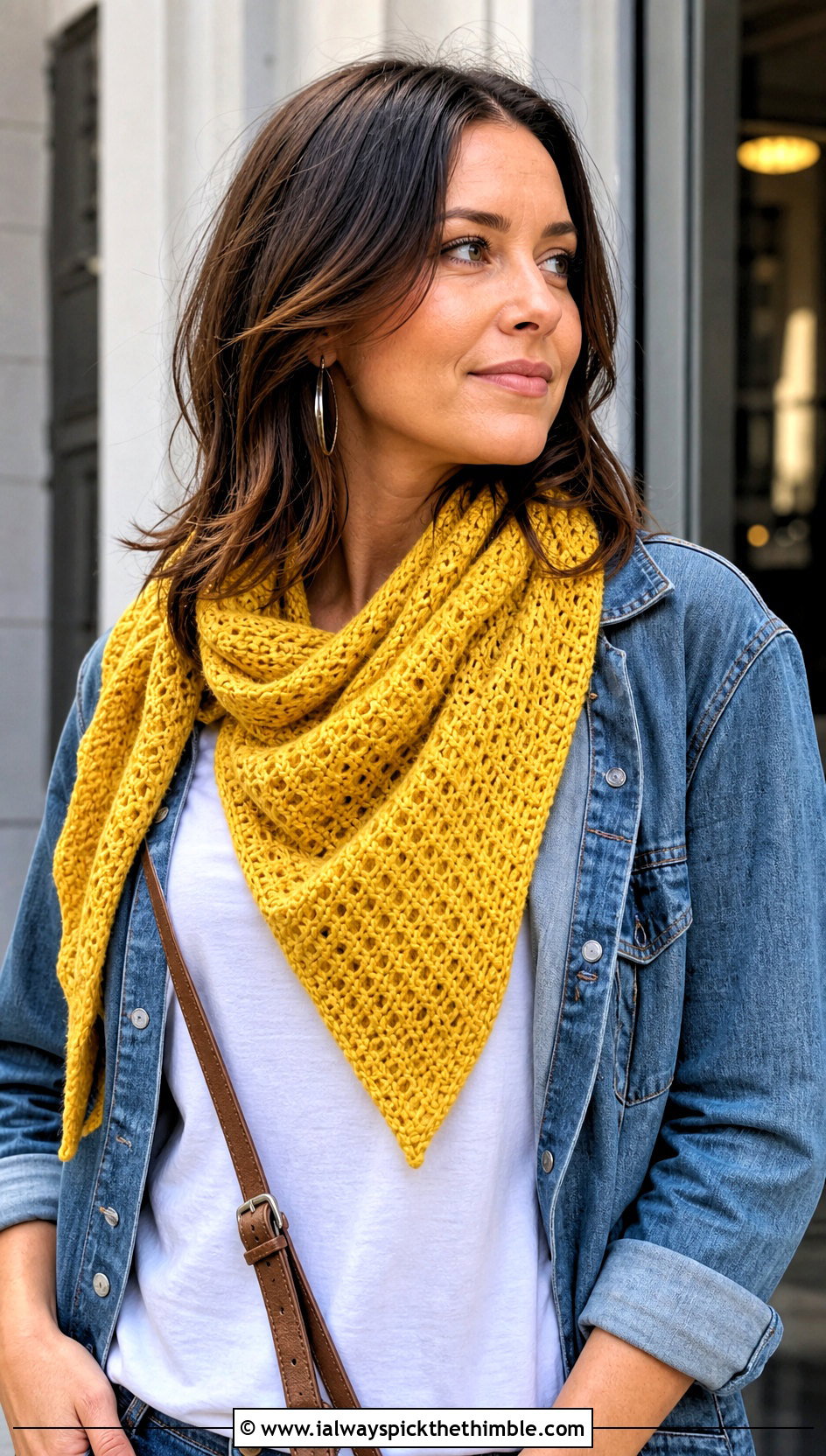 Honeycomb Stitch Tunisian Crochet Triangle Shawl With Denim Jacket - 20 Tunisian Crochet Triangle Shawl outfit ideas