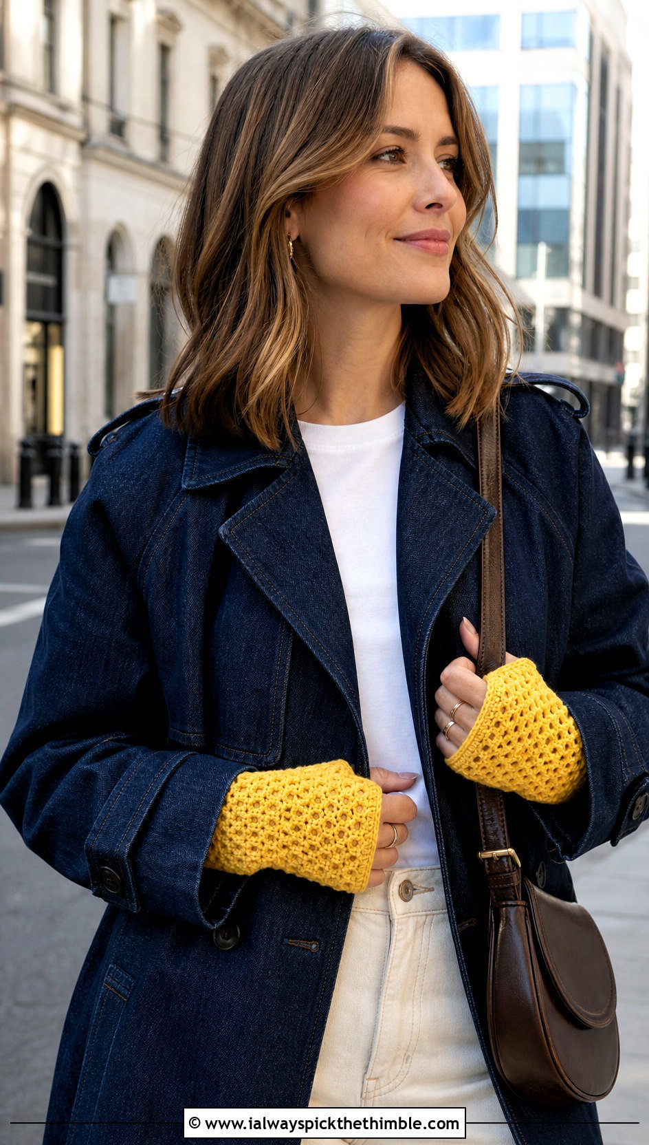 Honeycomb Tunisian Crochet Wrist Warmers With Denim Trench - 15 Tunisian Crochet Wrist Warmers outfit ideas