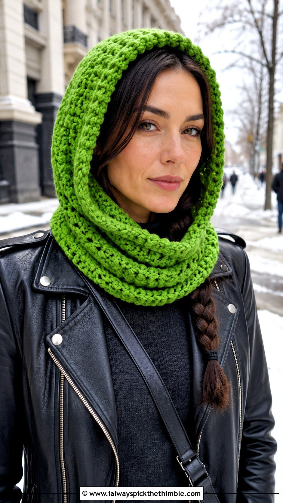 Hooded 1 Skein Crochet Cowl With Leather Jacket - 15 1 Skein Crochet Cowl outfit ideas