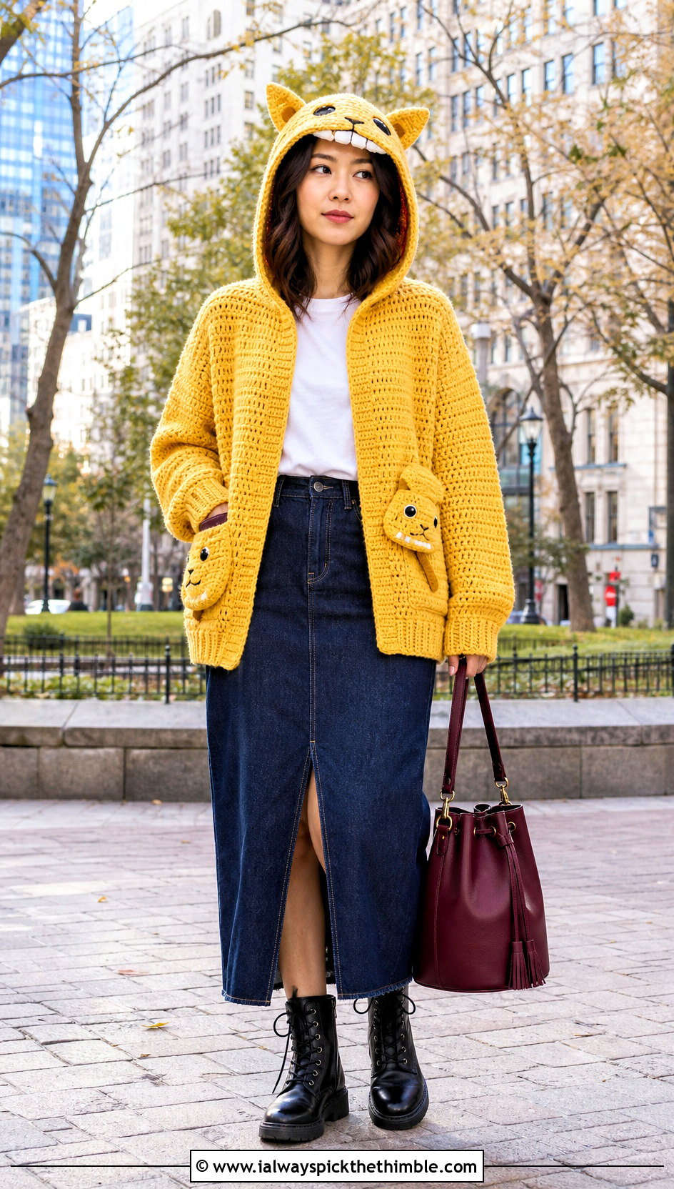 Hooded Anime Crochet Cardigan With Denim Midi Skirt - 20 anime crochet cardigan outfit ideas