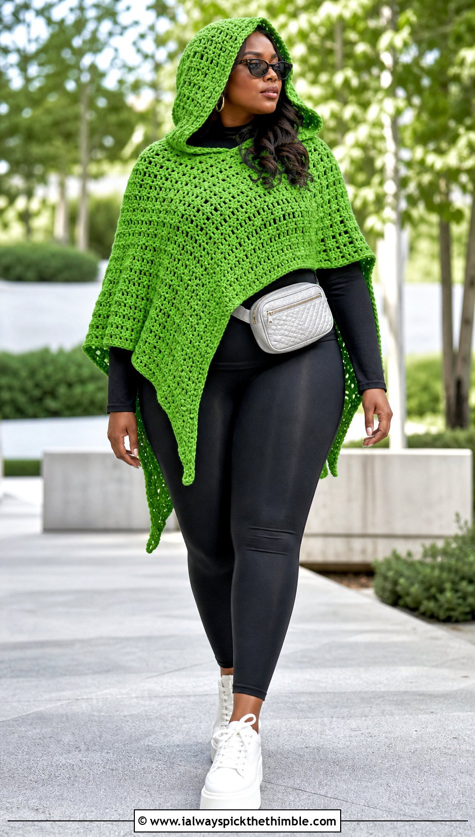 Hooded Asymmetrical Crochet Poncho With Leggings And Sneakers - 20 Asymmetrical Crochet Poncho outfit ideas