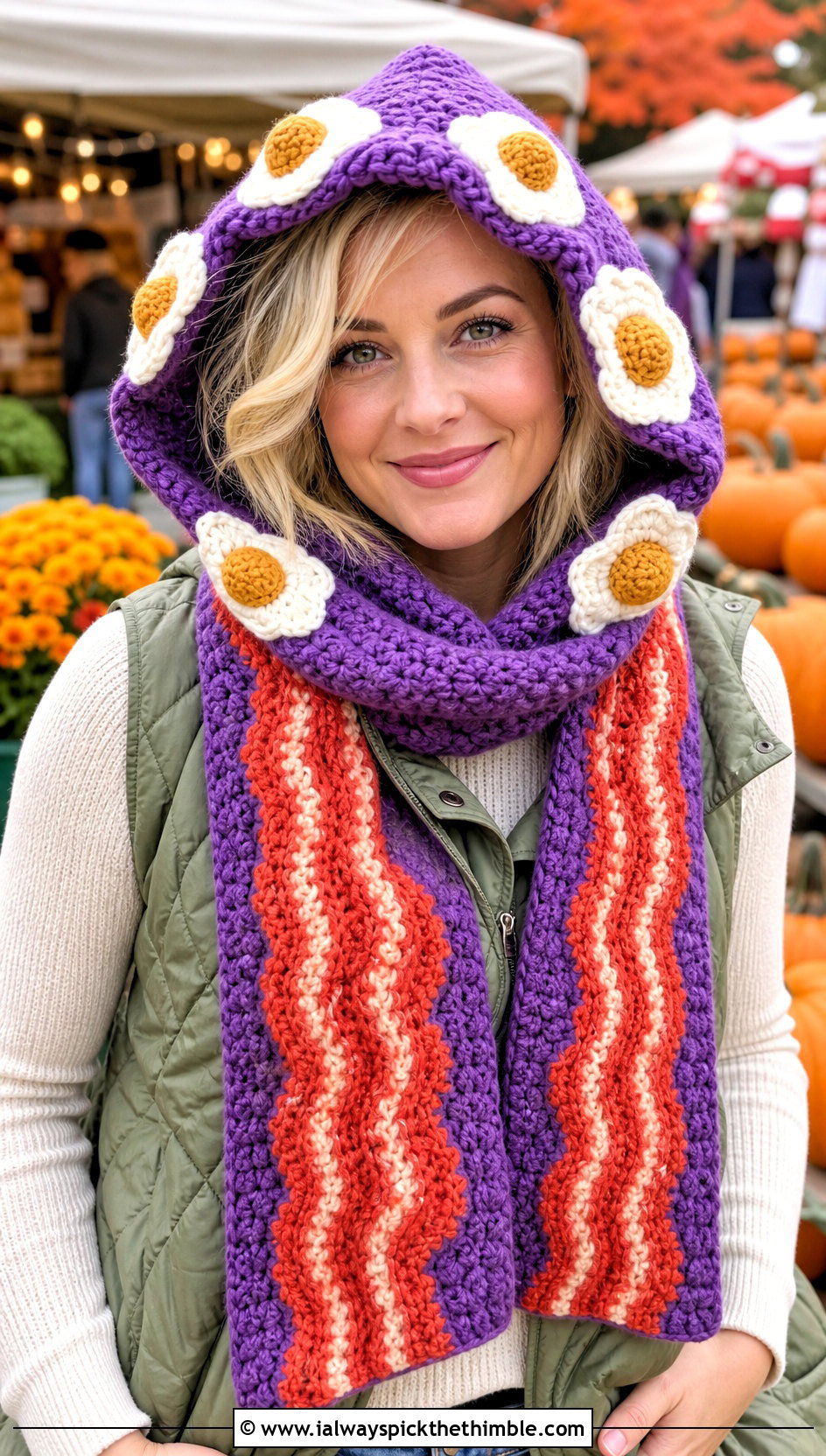 Hooded Bacon And Eggs Scarf With Quilted Vest - 20 Crochet Bacon And Eggs Scarf outfit ideas