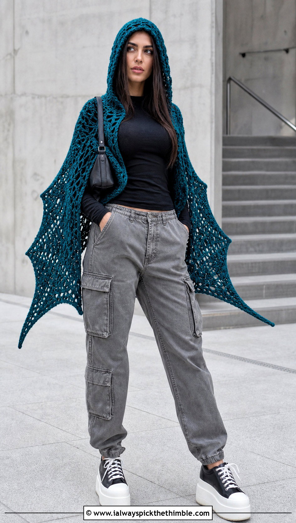 Hooded Bat Wing Crochet Shawl With Cargo Pants - 20 bat wing crochet shawl outfit ideas