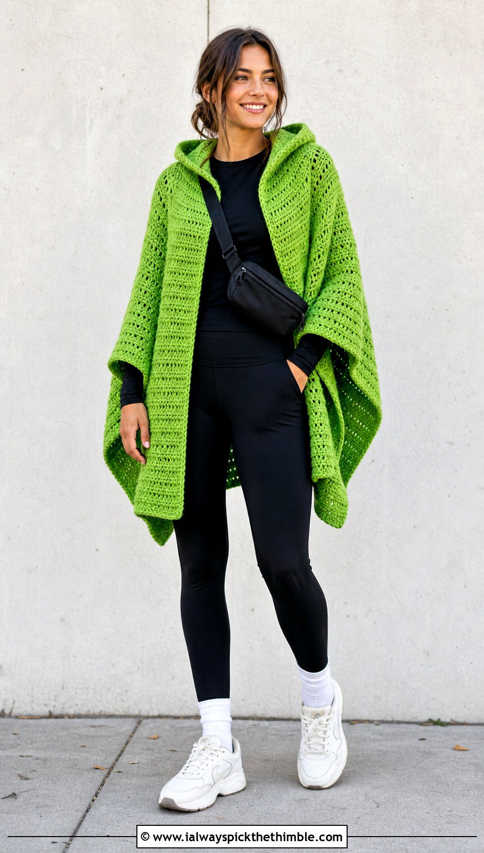 Hooded Blanket Crochet Poncho With Leggings And Sneakers - 15 Blanket Crochet Poncho outfit ideas