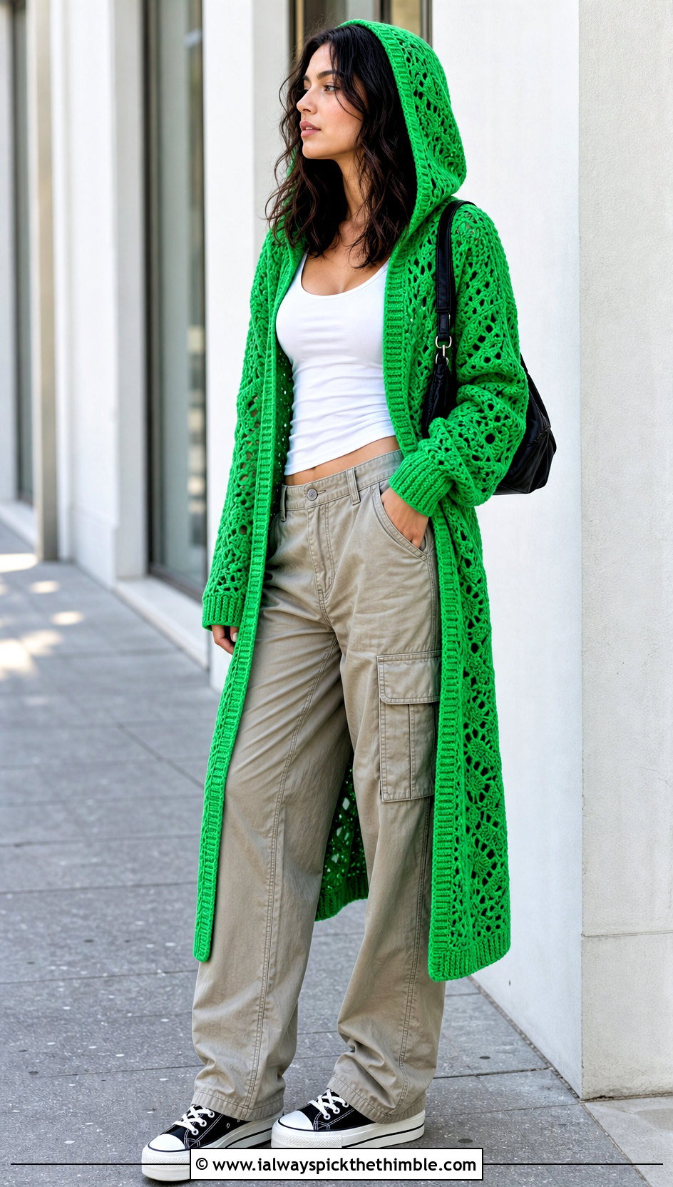 Hooded Boho Crochet Cardigan With Cargo Pants - 25 crochet boho cardigan outfit ideas