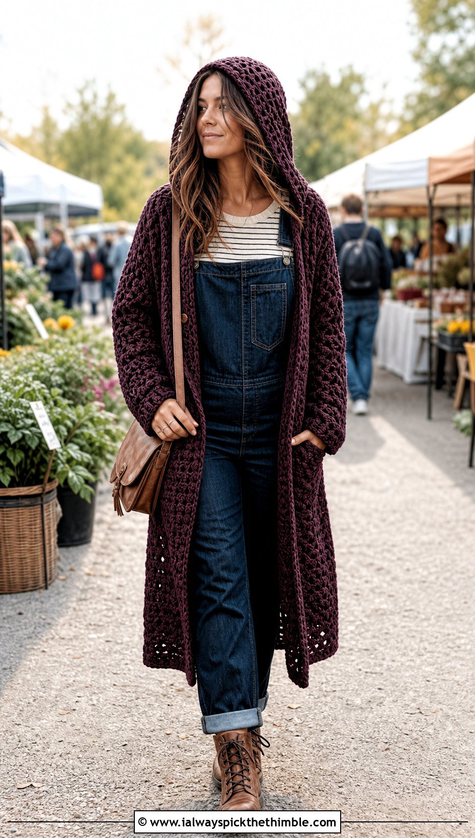 Hooded Boho Crochet Cardigan With Denim Overalls - 25 Boho Crochet Cardigan outfit ideas