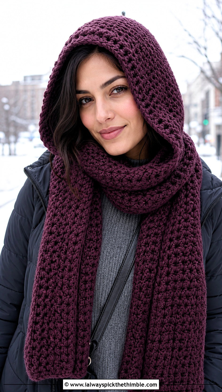 Hooded Bonfire Scarf With Long Puffer Coat - 20 Crochet Bonfire Scarf outfit ideas