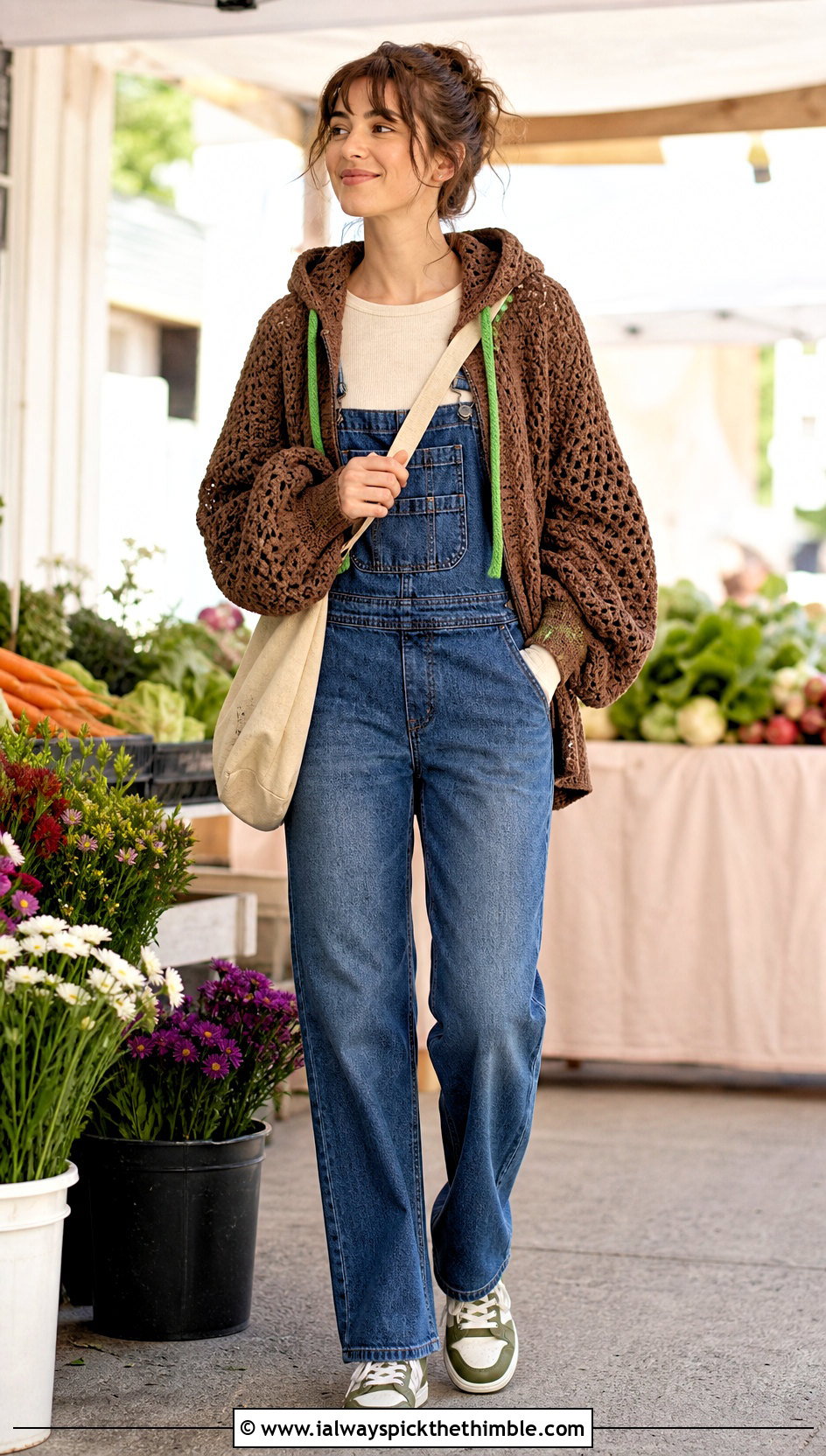 Hooded Brown Crochet Cardigan With Denim Overalls - 25 Brown Crochet Cardigan outfit ideas