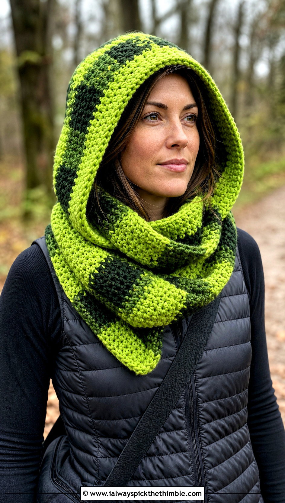 Hooded Buffalo Plaid Crochet Scarf With Puffer Vest - 15 buffalo plaid crochet scarf outfit ideas