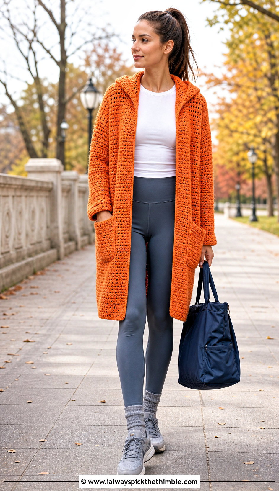 Hooded Bulky Crochet Cardigan With Leggings And Sneakers - 20 Bulky Crochet Cardigan outfit ideas
