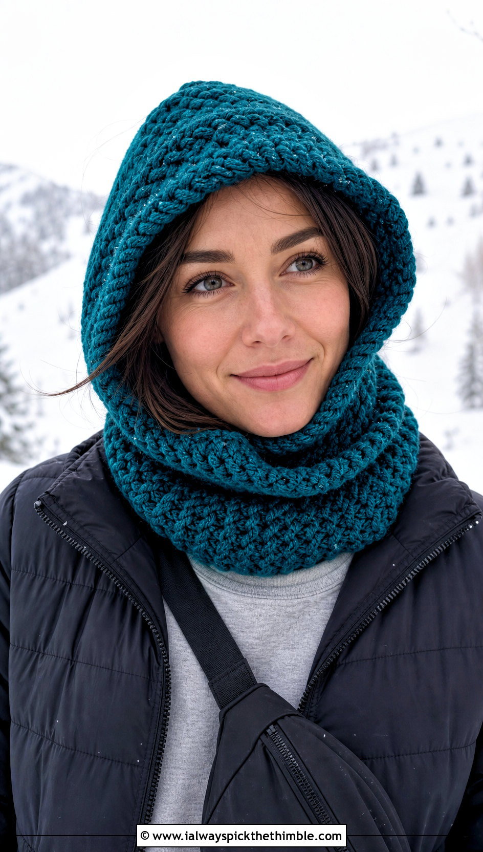 Hooded Bulky Crochet Cowl With Puffer Jacket - 20 Bulky Crochet Cowl outfit ideas