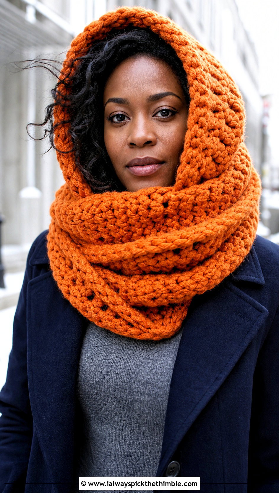 Hooded Bulky Crochet Scarf With Long Wool Coat - 15 Crochet For Scarves Using Bulky Yarn outfit ideas