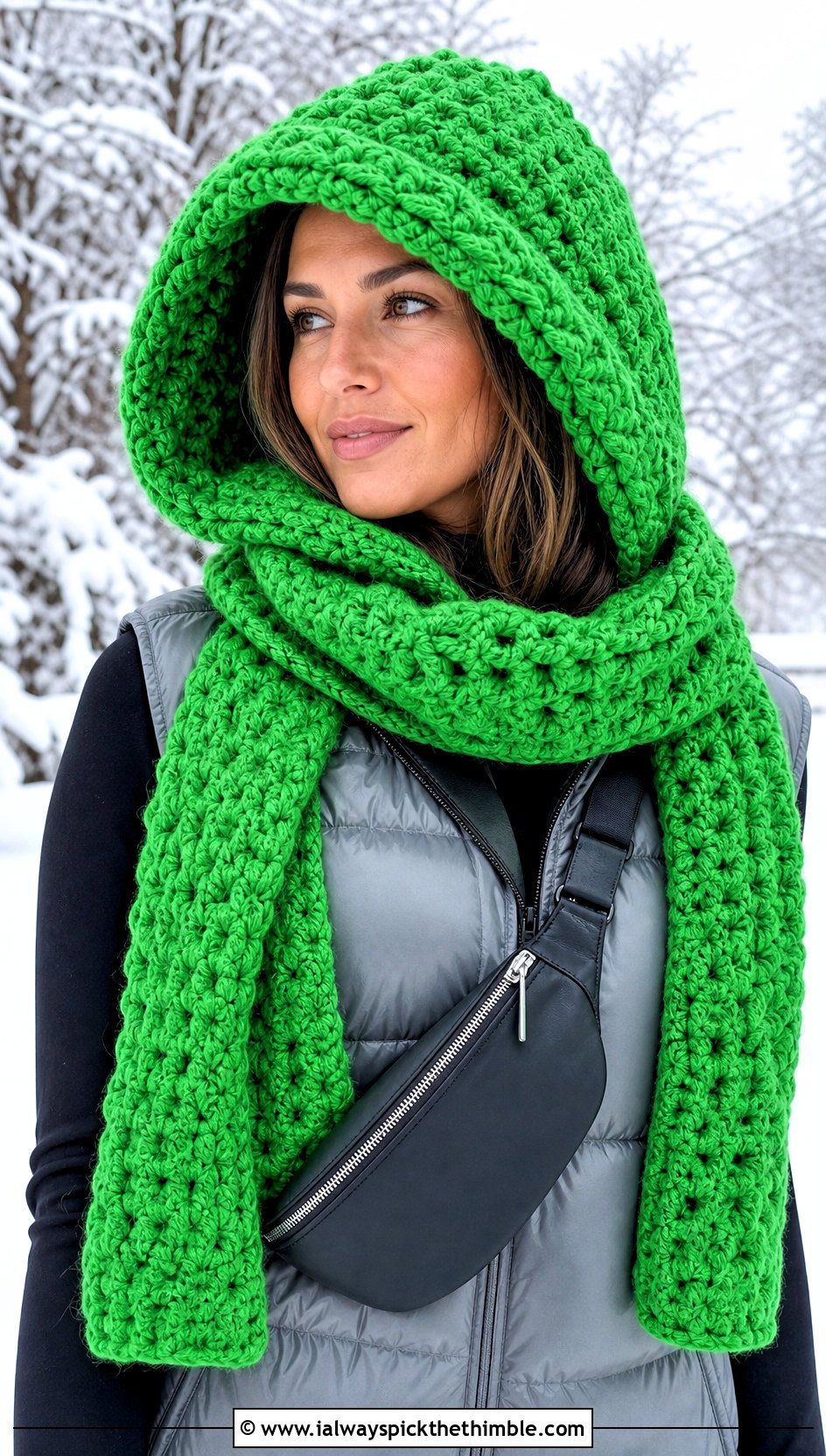 Hooded Bulky Crochet Scarf With Puffer Vest - 20 bulky crochet scarf outfit ideas