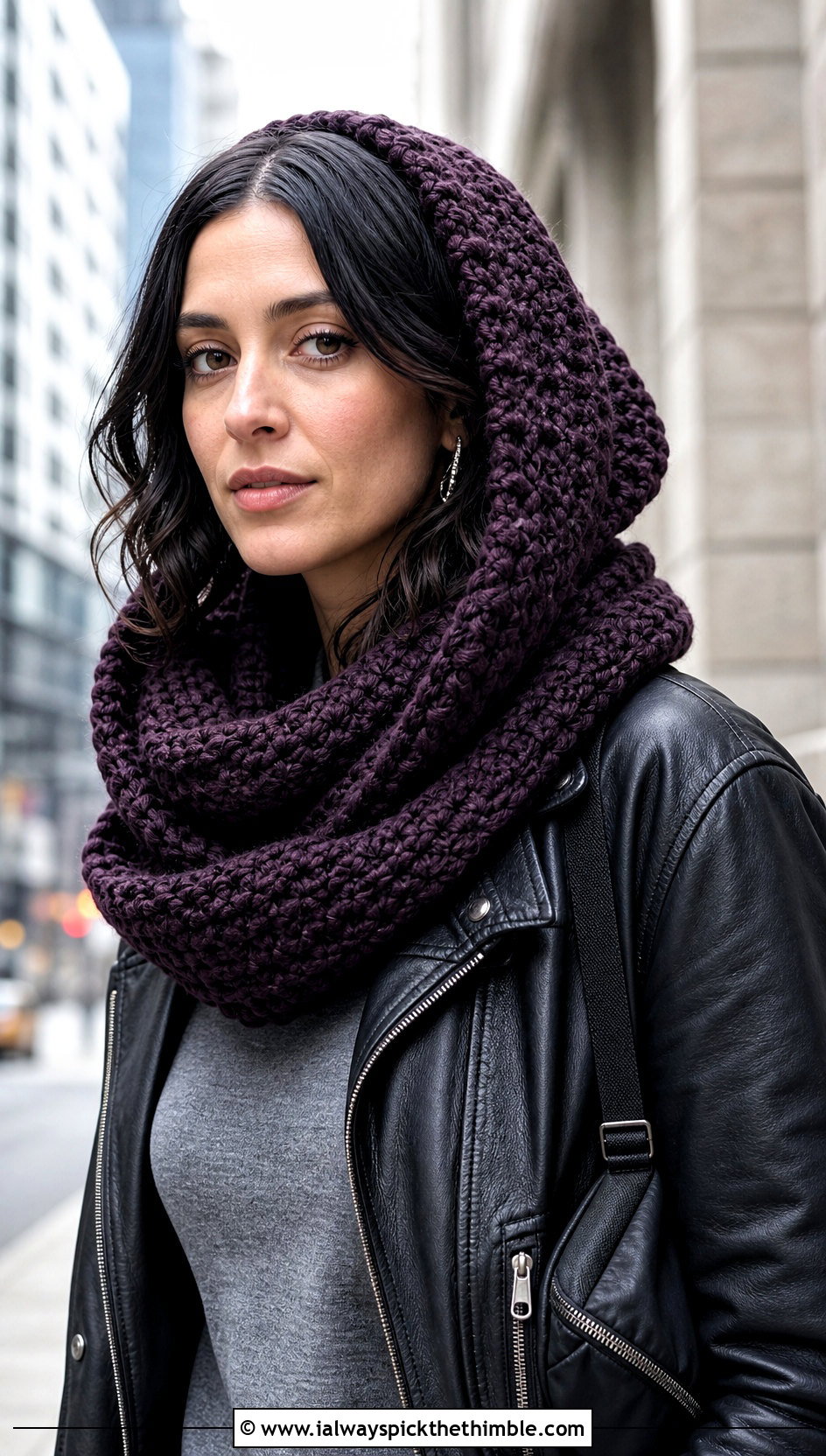 Hooded Bulky Yarn Crochet Scarf With Leather Jacket - 20 bulky yarn crochet scarf outfit ideas