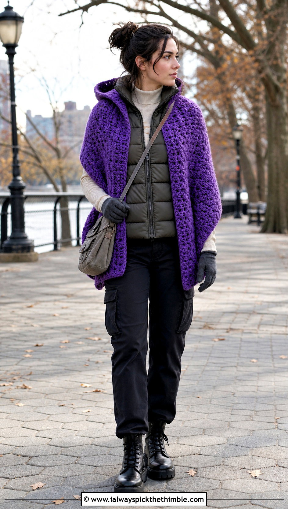 Hooded Bulky Yarn Crochet Shawl With Cargo Pants - 20 Bulky Yarn Crochet Shawl outfit ideas