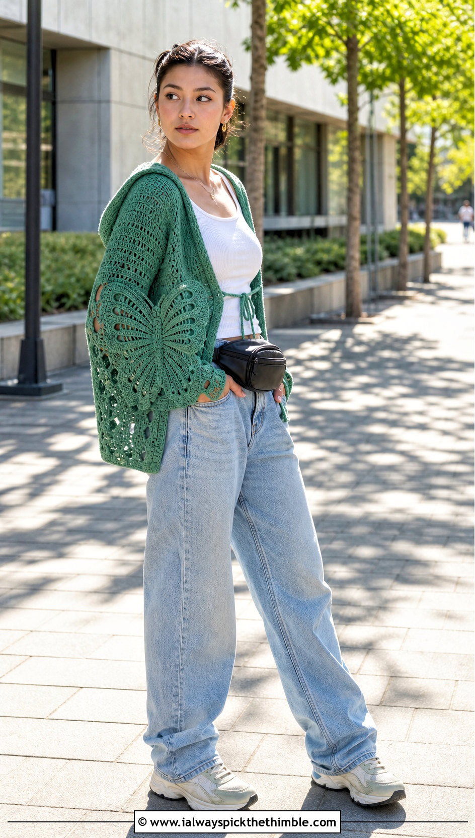 Hooded Butterfly Crochet Top With Baggy Jeans - 25 butterfly crochet top outfit ideas
