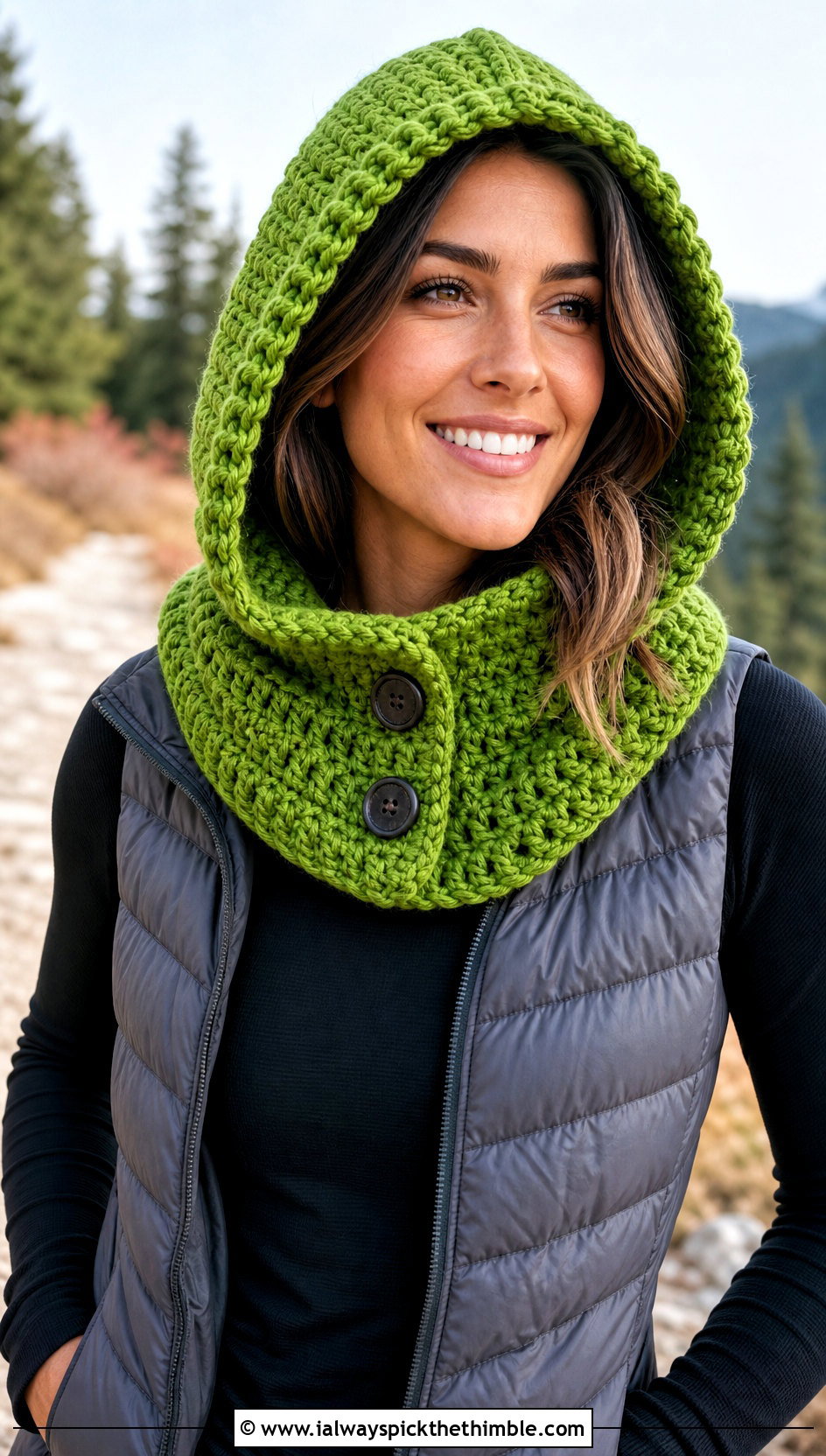 Hooded Button Crochet Cowl With Puffer Vest - 15 Crochet Cowl With Buttons outfit ideas