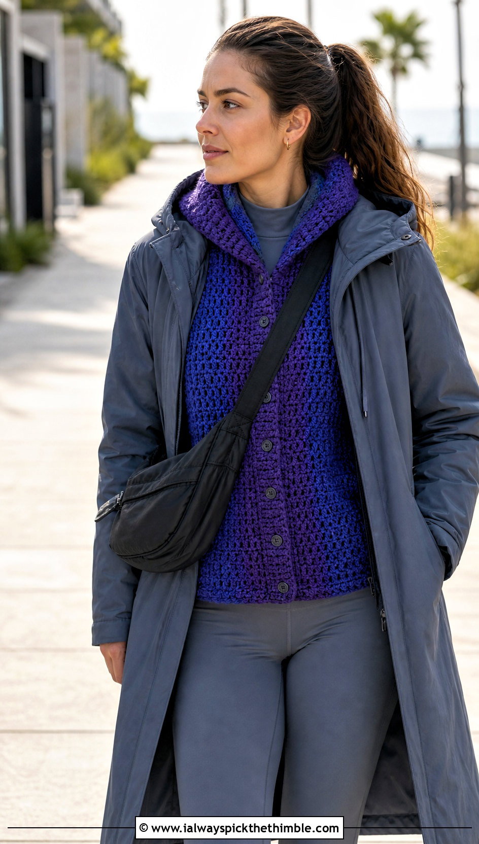 Hooded Button Crochet Scarf With Athleisure Set - 15 Button Crochet Scarf outfit ideas