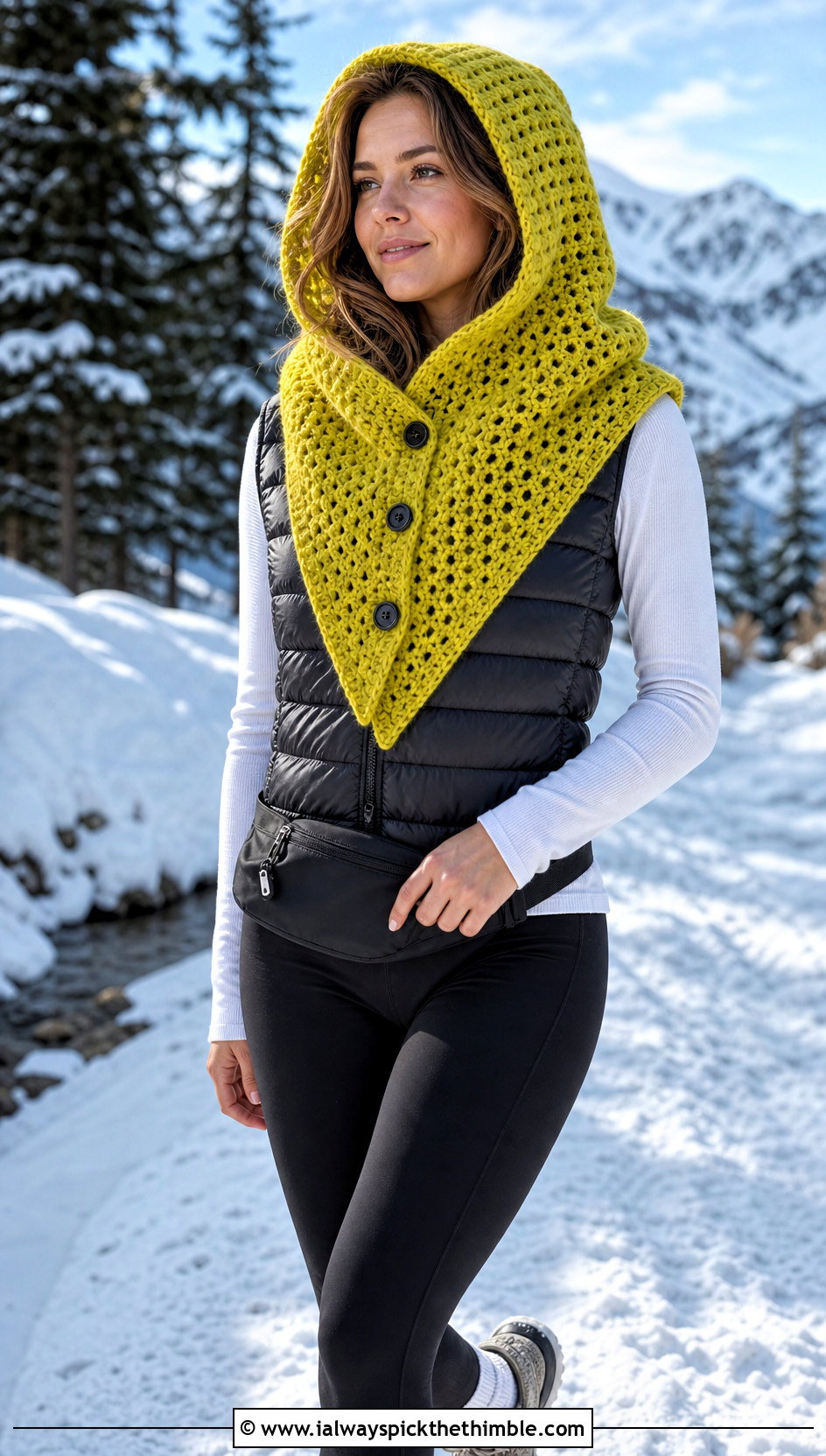 Hooded Button Hole Crochet Scarf With Puffer Vest - 15 Crochet Button Hole Scarf outfit ideas