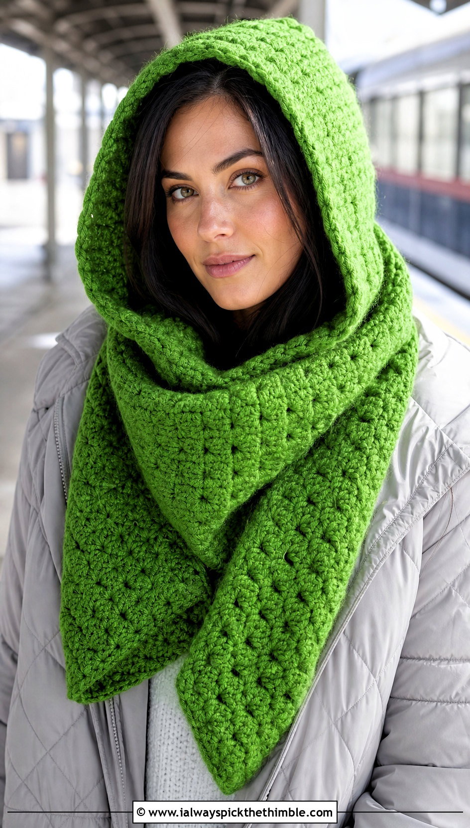 Hooded C2C Scarf With Quilted Coat And Sneakers - 25 c2c crochet scarf outfit ideas
