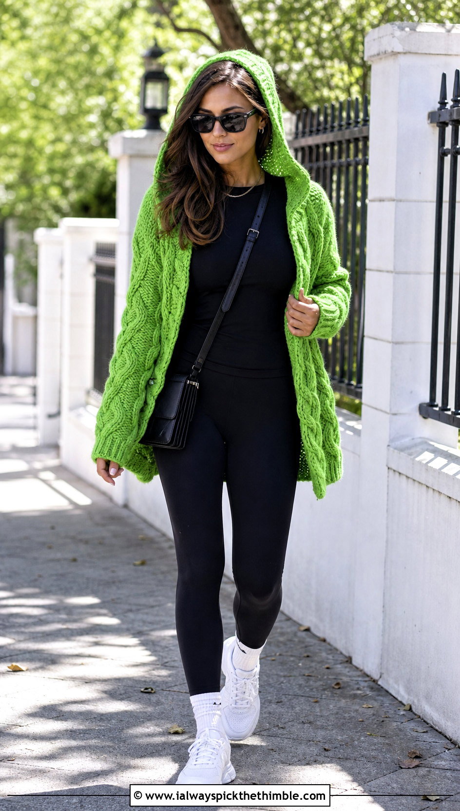 Hooded Cable Cardigan With Leggings And Sneakers - 20 Crochet Cable Cardigan outfit ideas