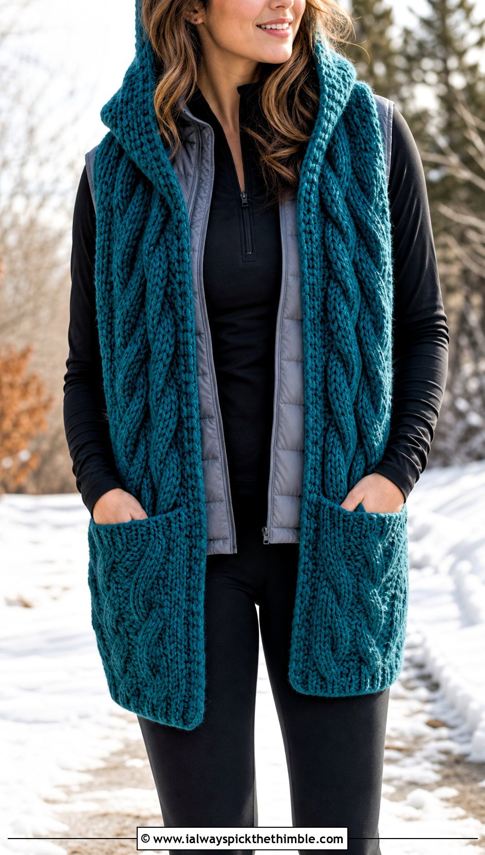 Hooded Cable Crochet Pocket Scarf With Leggings - 15 Crochet Scarf With Hand Pockets outfit ideas