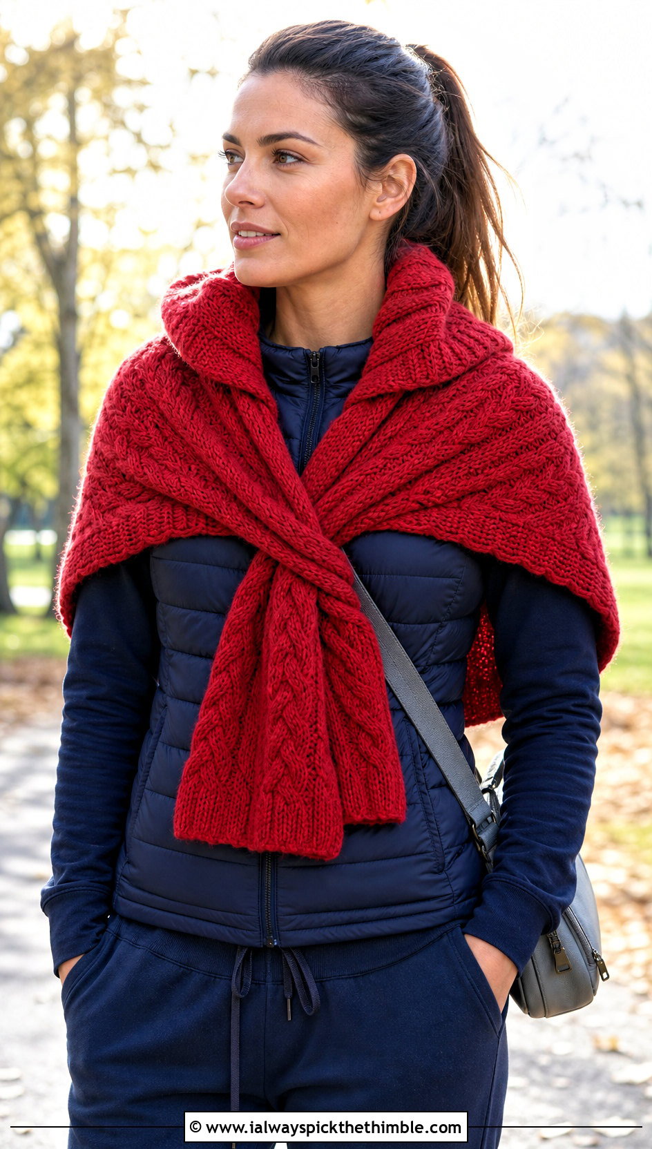 Hooded Cable Shawl With Puffer Vest - 15 Crochet Cable Shawl outfit ideas