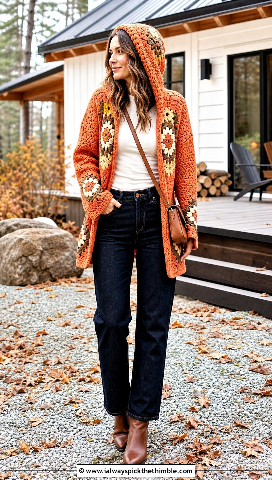 Hooded Campfire Hex Crochet Cardigan With Straight Jeans - 25 hex crochet cardigan outfit ideas