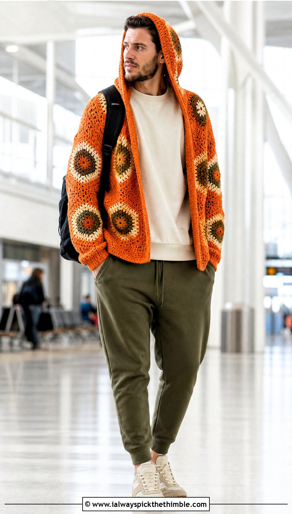 Hooded Campfire Hexagon Cardigan With Joggers - 25 men hexagon crochet cardigan outfit ideas