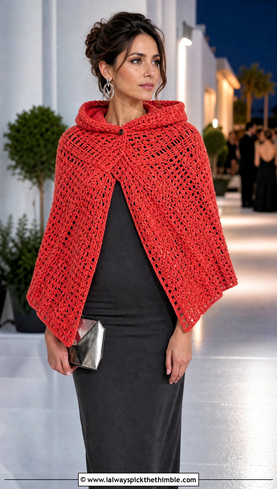 Hooded Cape Crochet Cowl With Column Dress - 20 easy crochet hooded cowl outfit ideas
