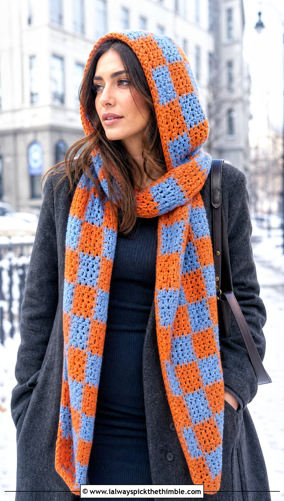 Hooded Checkered Crochet Scarf With Wool Coat - 20 Checkered Crochet Scarf outfit ideas